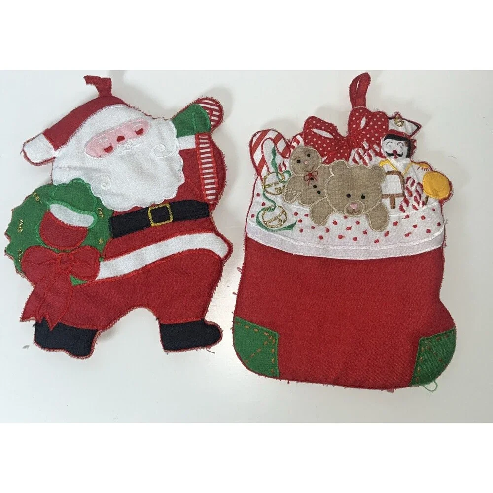 2 Vintage Handmade Christmas Pot Holders Santa Clause / Stocking 8” Tall